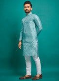 Prazu Fashion Sky Blue Silk Embroidered Kurta With Pajama | Grocsy