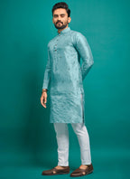 Prazu Fashion Sky Blue Silk Embroidered Kurta With Pajama | Grocsy
