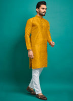 Prazu Fashion Yellow Silk Embroidered Kurta With Pajama | Grocsy