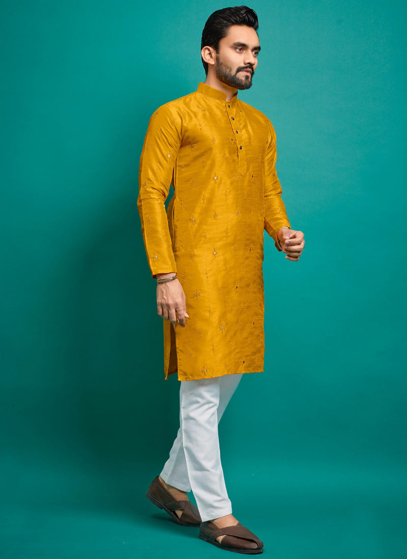 Prazu Fashion Yellow Silk Embroidered Kurta With Pajama | Grocsy