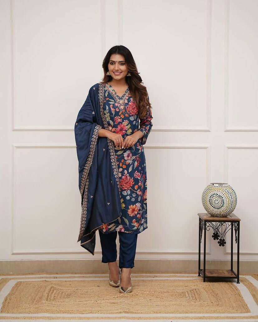 The52 Blue Women's Gorgeous Printed Pure Russian Silk Fabric Straight Kurta Pant with Dupatta Set | Grocsy