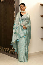 Joban Fashion Firozi Saree Tissue Zari Buti Anchal Applick With Contrast Blouse | Grocsy
