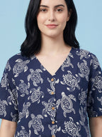 Breathables Woven Cotton Half Sleeves Turtle Shorts Set Blue | Grocsy