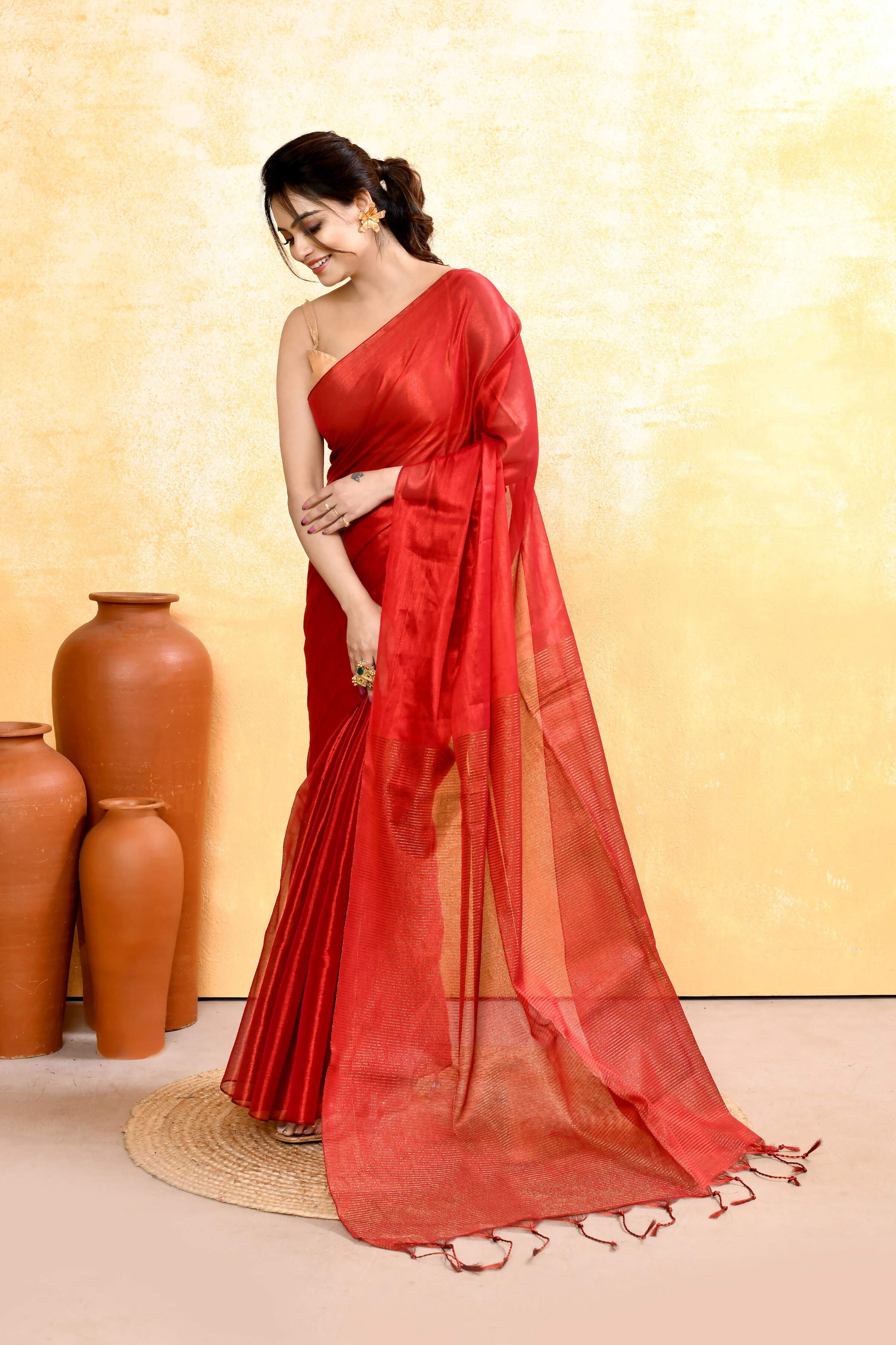 Piyari Fashion Women's Red Dual Tone Organic Tissue Saree With Blouse Piece | Grocsy