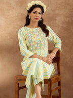 Indo Era Women Floral Embroidered Regular Thread Work Pure Cotton Kurta with Trousers | Grocsy