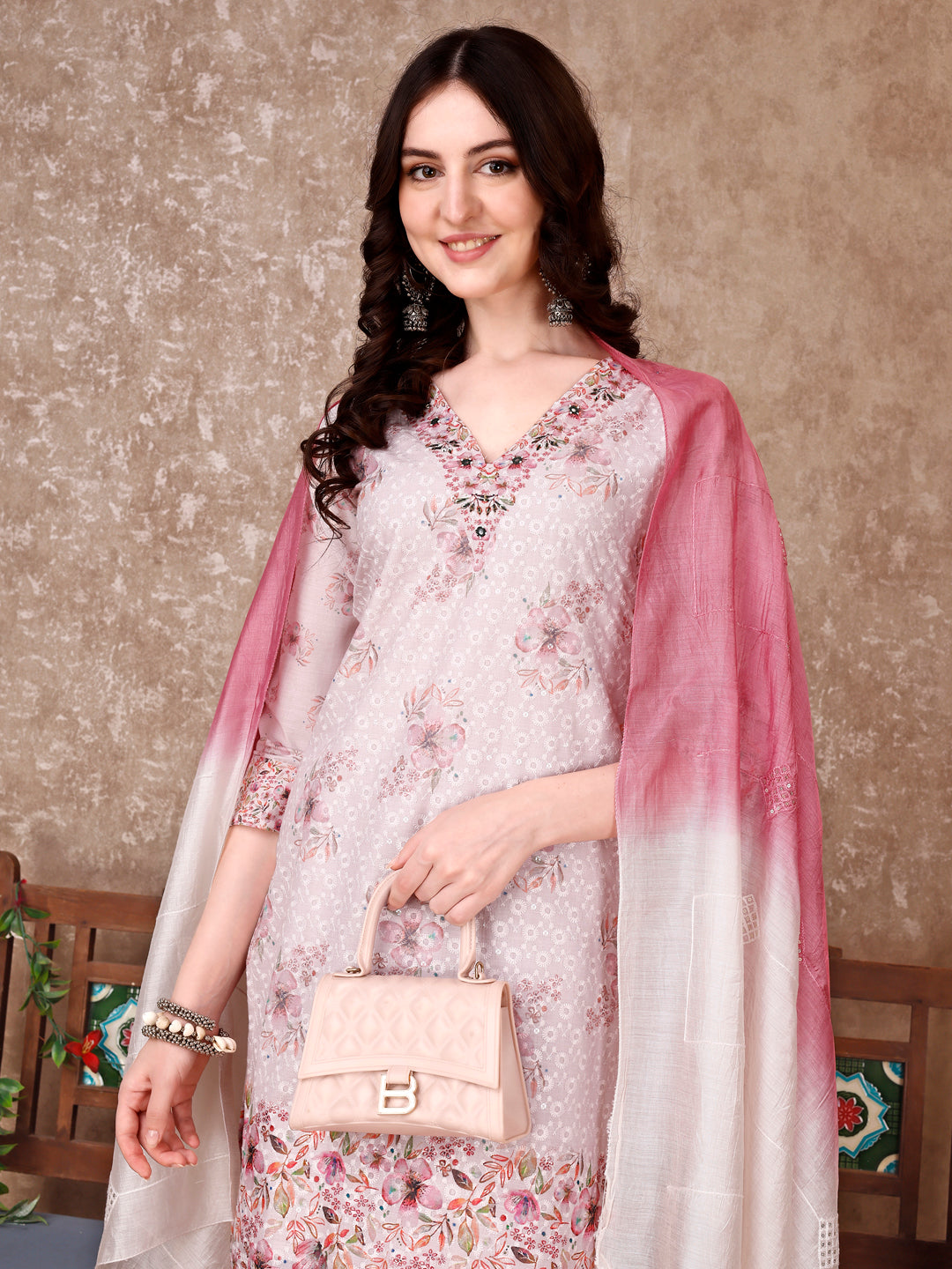 Hand Embroidered & Floral Printed Kurta With Pant & Dupatta Luxury, Multicolor - Hiral Fashion | Grocsy