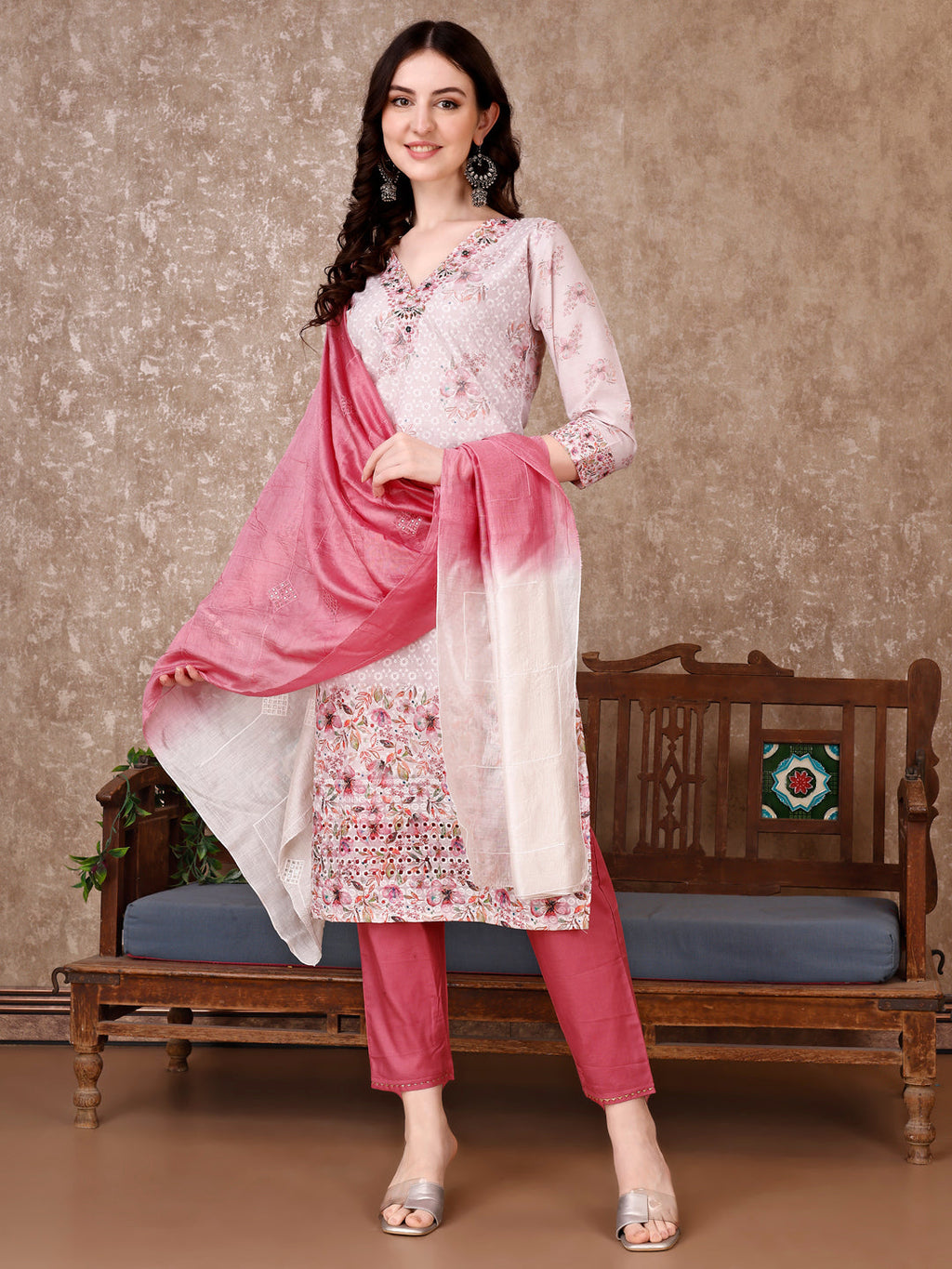 Hand Embroidered & Floral Printed Kurta With Pant & Dupatta Luxury, Multicolor - Hiral Fashion | Grocsy