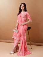 Angrakha Style Floral Printed A-Line Kurta With Pant & Dupatta, Pink - Hiral Fashion | Grocsy