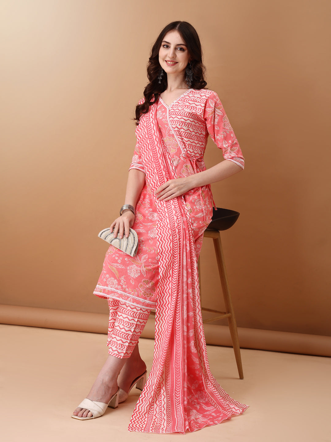 Angrakha Style Floral Printed A-Line Kurta With Pant & Dupatta, Pink - Hiral Fashion | Grocsy