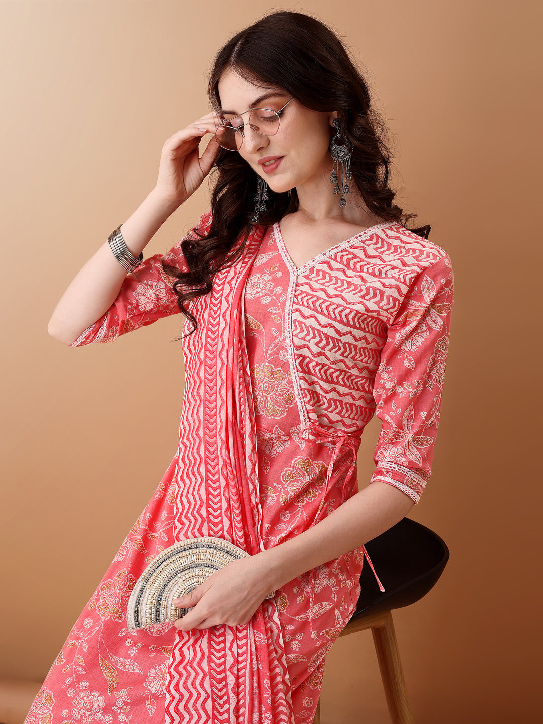 Angrakha Style Floral Printed A-Line Kurta With Pant & Dupatta, Pink - Hiral Fashion | Grocsy