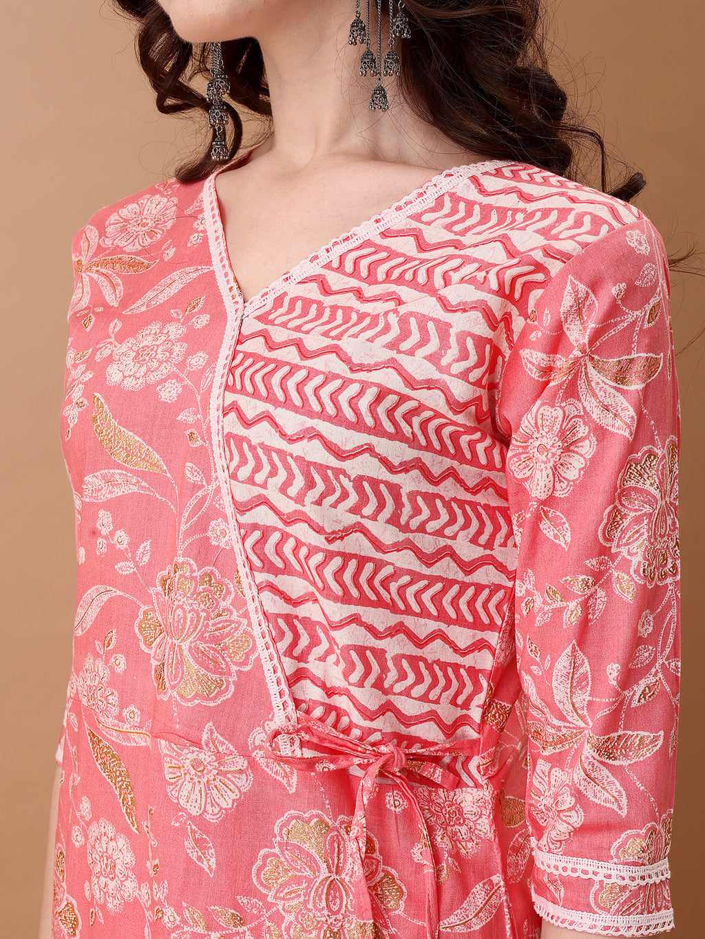 Angrakha Style Floral Printed A-Line Kurta With Pant & Dupatta, Pink - Hiral Fashion | Grocsy