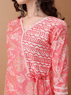 Angrakha Style Floral Printed A-Line Kurta With Pant & Dupatta, Pink - Hiral Fashion | Grocsy