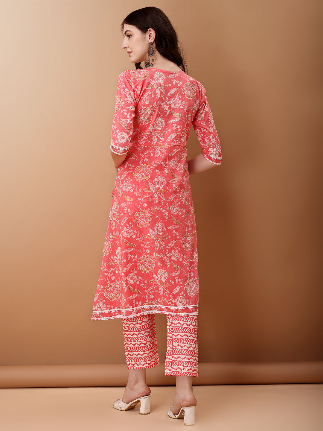 Angrakha Style Floral Printed A-Line Kurta With Pant & Dupatta, Pink - Hiral Fashion | Grocsy