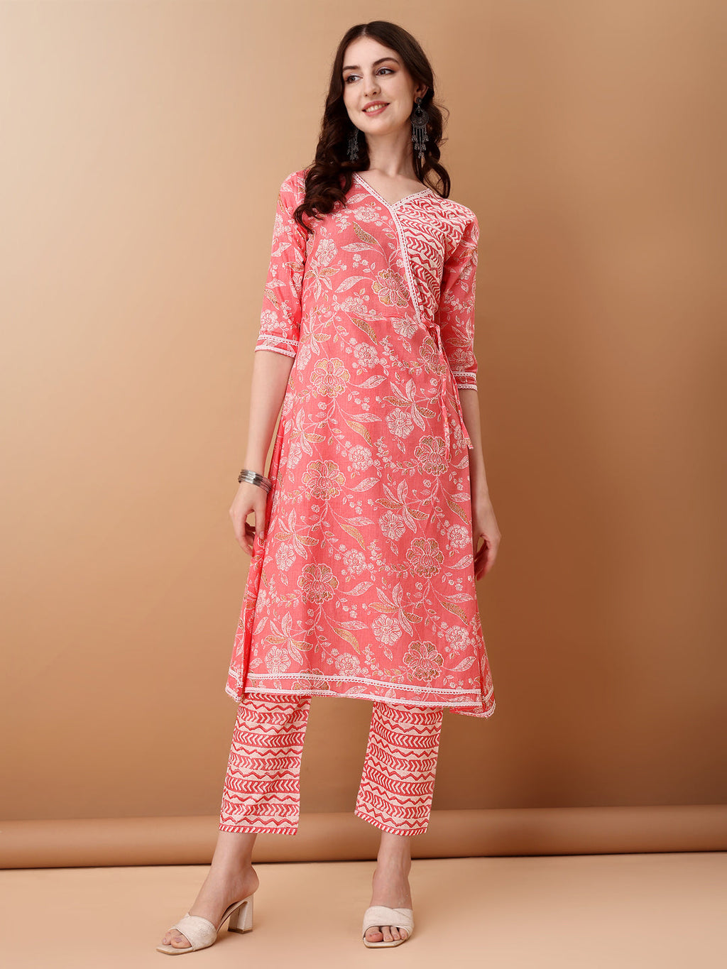 Angrakha Style Floral Printed A-Line Kurta With Pant & Dupatta, Pink - Hiral Fashion | Grocsy