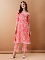 Angrakha Style Floral Printed A-Line Kurta With Pant & Dupatta, Pink - Hiral Fashion | Grocsy