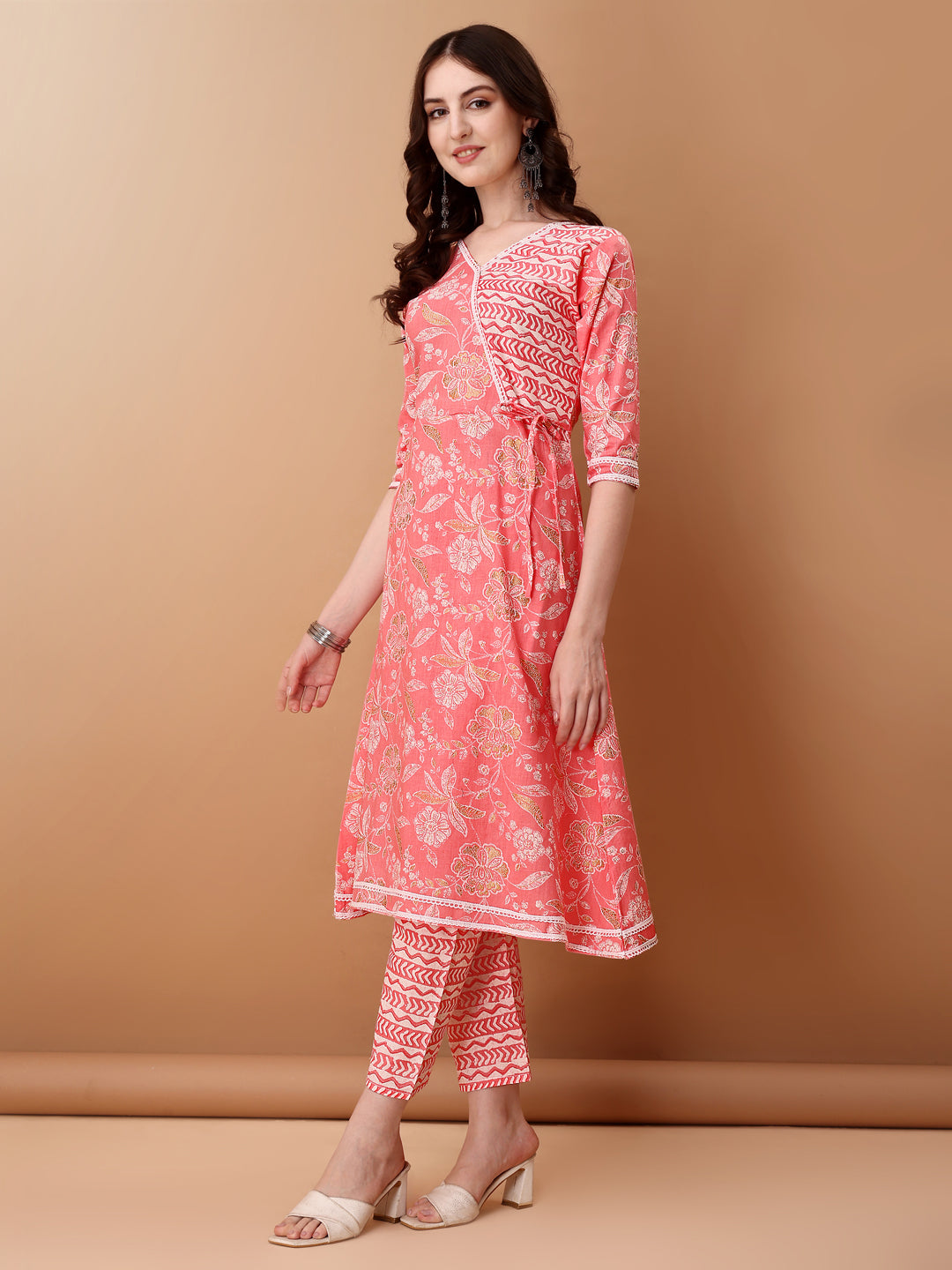 Angrakha Style Floral Printed A-Line Kurta With Pant & Dupatta, Pink - Hiral Fashion | Grocsy