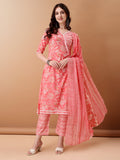 Angrakha Style Floral Printed A-Line Kurta With Pant & Dupatta, Pink - Hiral Fashion | Grocsy