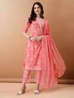 Angrakha Style Floral Printed A-Line Kurta With Pant & Dupatta, Pink - Hiral Fashion | Grocsy