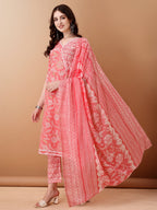 Angrakha Style Floral Printed A-Line Kurta With Pant & Dupatta, Pink - Hiral Fashion | Grocsy