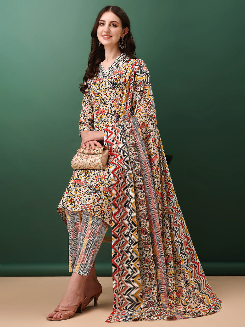 Sequined & Mirror Embroidered & Printed Kurta With Pant & Dupatta, Cream - Hiral Fashion | Grocsy
