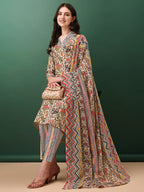 Sequined & Mirror Embroidered & Printed Kurta With Pant & Dupatta, Cream - Hiral Fashion | Grocsy