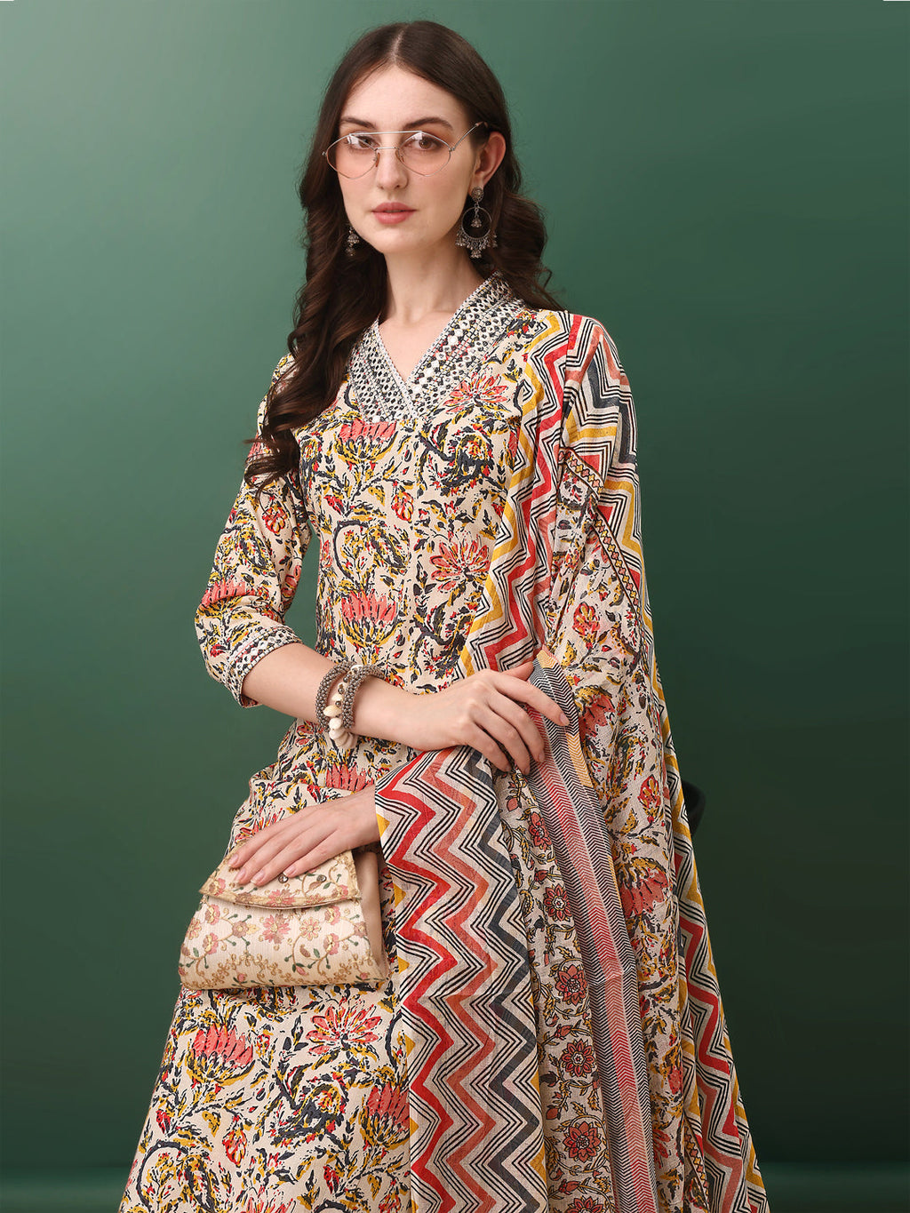 Sequined & Mirror Embroidered & Printed Kurta With Pant & Dupatta, Cream - Hiral Fashion | Grocsy