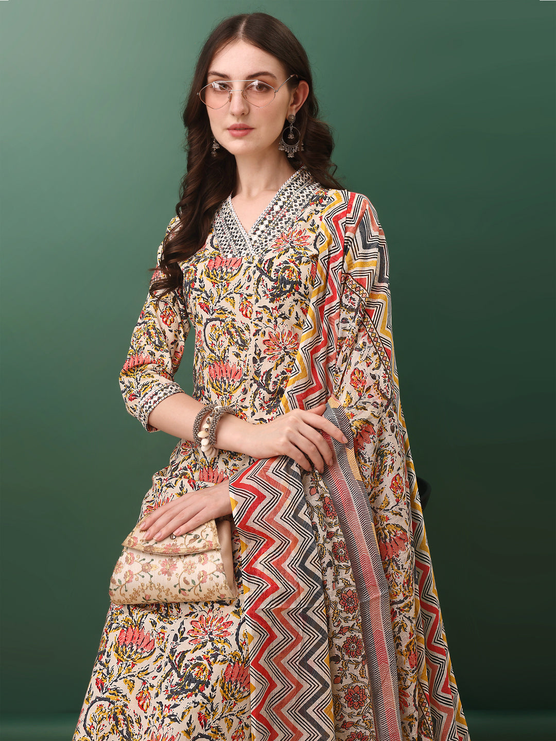 Sequined & Mirror Embroidered & Printed Kurta With Pant & Dupatta, Cream - Hiral Fashion | Grocsy