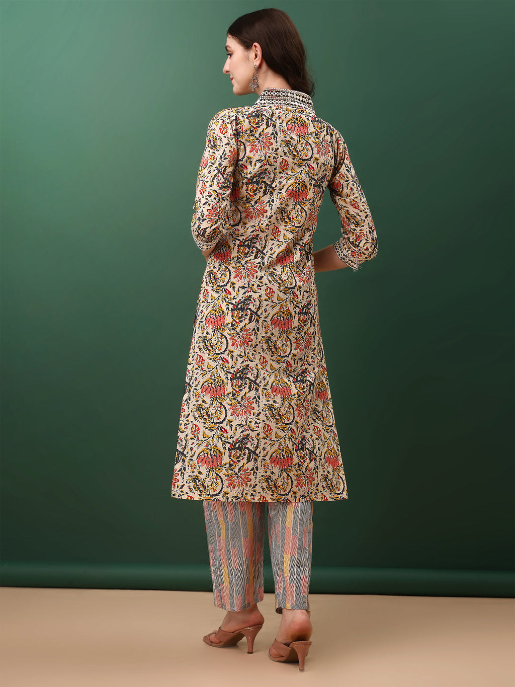 Sequined & Mirror Embroidered & Printed Kurta With Pant & Dupatta, Cream - Hiral Fashion | Grocsy