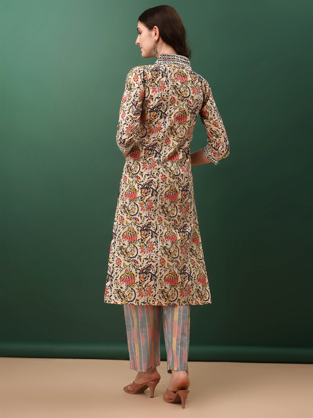 Sequined & Mirror Embroidered & Printed Kurta With Pant & Dupatta, Cream - Hiral Fashion | Grocsy