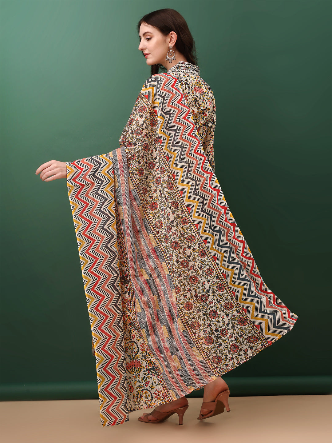 Sequined & Mirror Embroidered & Printed Kurta With Pant & Dupatta, Cream - Hiral Fashion | Grocsy