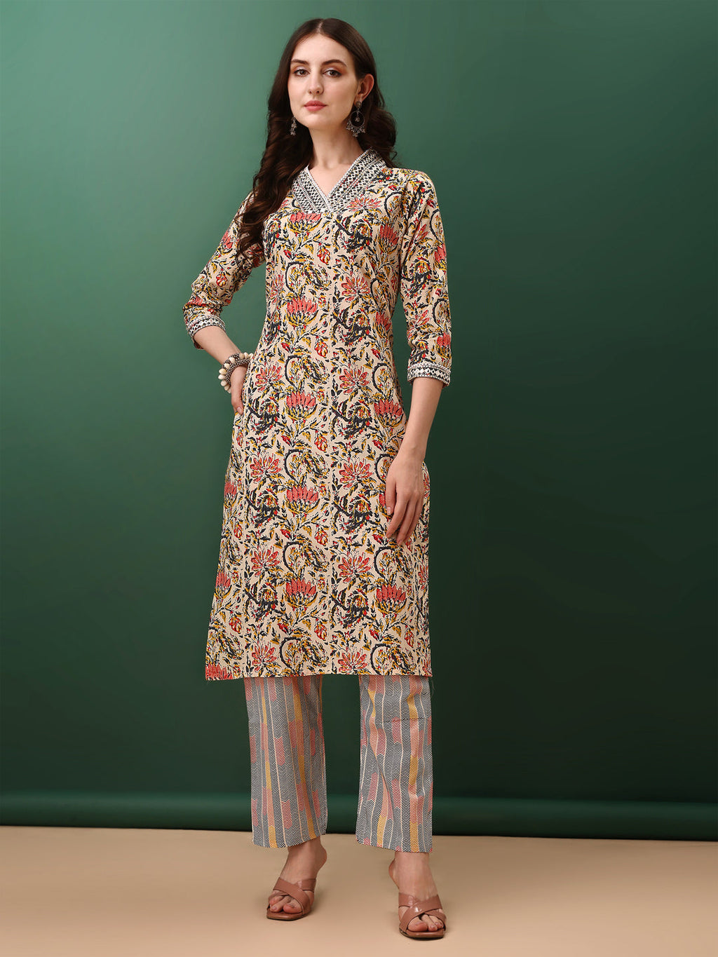 Sequined & Mirror Embroidered & Printed Kurta With Pant & Dupatta, Cream - Hiral Fashion | Grocsy