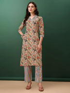 Sequined & Mirror Embroidered & Printed Kurta With Pant & Dupatta, Cream - Hiral Fashion | Grocsy