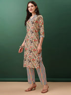 Sequined & Mirror Embroidered & Printed Kurta With Pant & Dupatta, Cream - Hiral Fashion | Grocsy