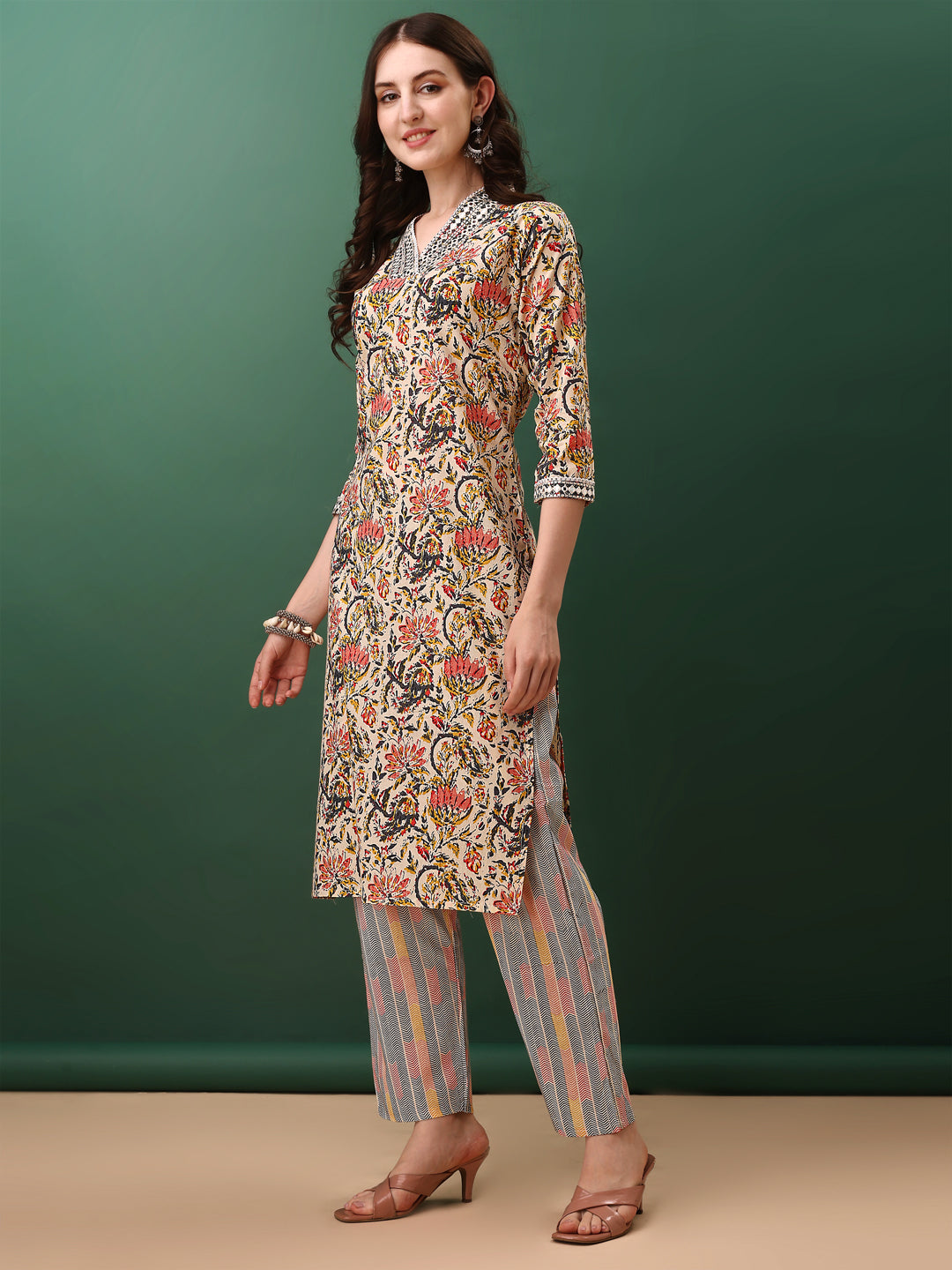 Sequined & Mirror Embroidered & Printed Kurta With Pant & Dupatta, Cream - Hiral Fashion | Grocsy