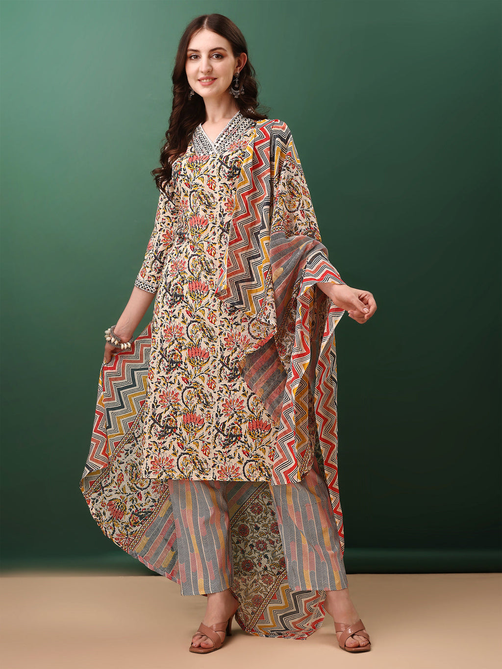 Sequined & Mirror Embroidered & Printed Kurta With Pant & Dupatta, Cream - Hiral Fashion | Grocsy