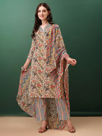 Sequined & Mirror Embroidered & Printed Kurta With Pant & Dupatta, Cream - Hiral Fashion | Grocsy