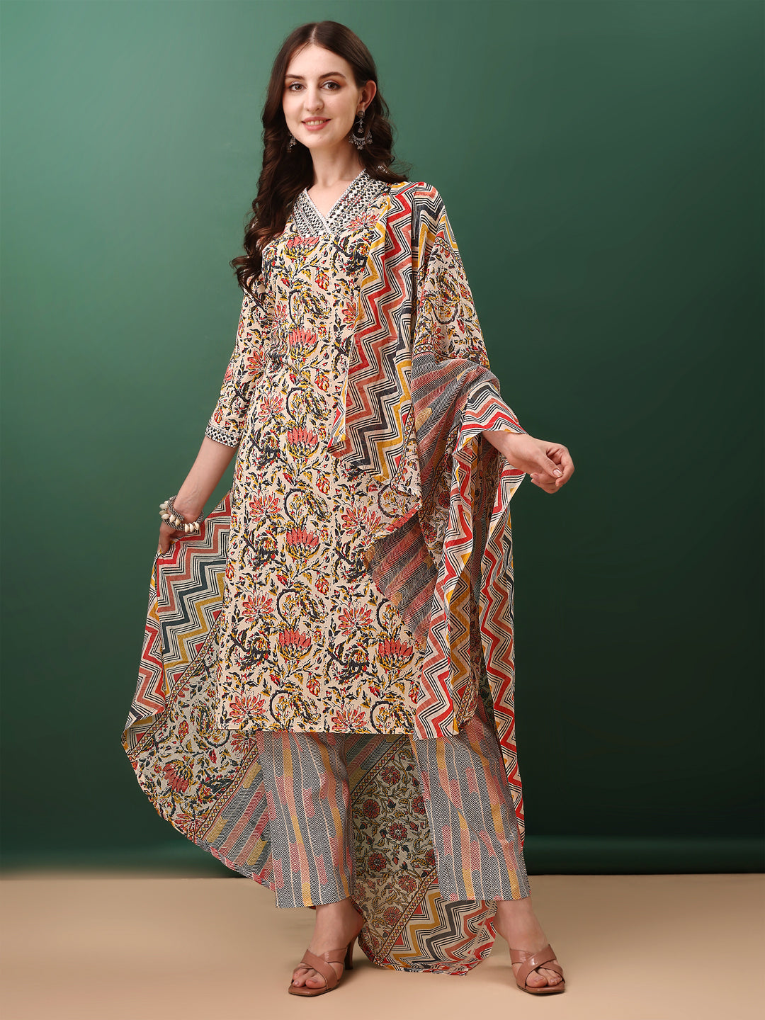 Sequined & Mirror Embroidered & Printed Kurta With Pant & Dupatta, Cream - Hiral Fashion | Grocsy
