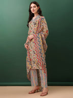 Sequined & Mirror Embroidered & Printed Kurta With Pant & Dupatta, Cream - Hiral Fashion | Grocsy