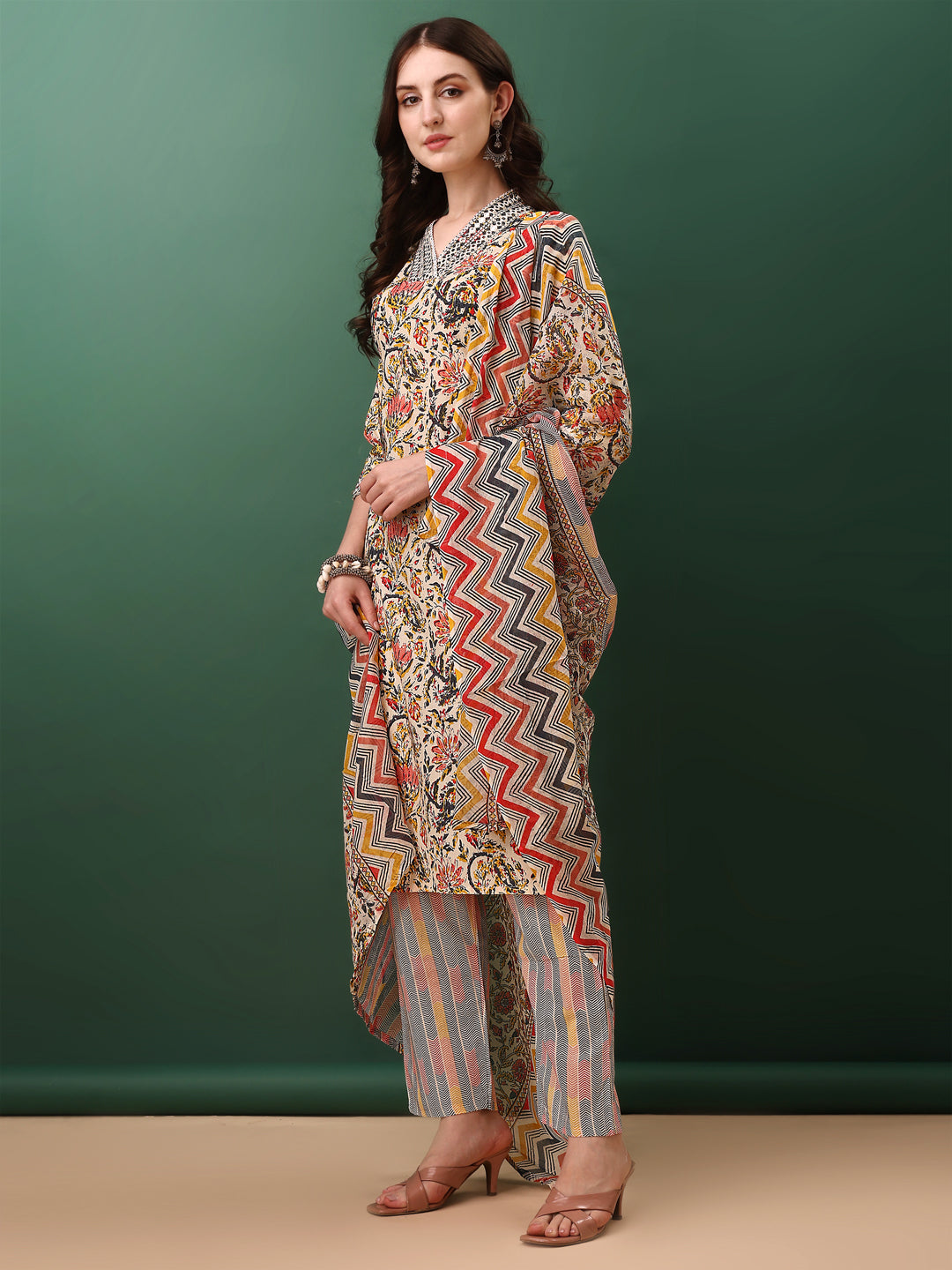 Sequined & Mirror Embroidered & Printed Kurta With Pant & Dupatta, Cream - Hiral Fashion | Grocsy
