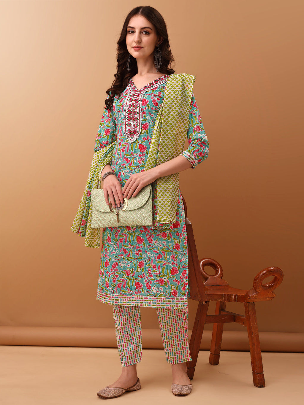 Embroidered & Floral Printed Kurta With Pant & Dupatta, Green - Hiral Fashion | Grocsy