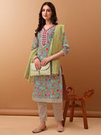 Embroidered & Floral Printed Kurta With Pant & Dupatta, Green - Hiral Fashion | Grocsy