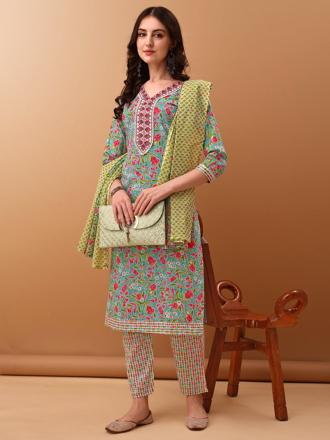 Embroidered & Floral Printed Kurta With Pant & Dupatta, Green - Hiral Fashion | Grocsy