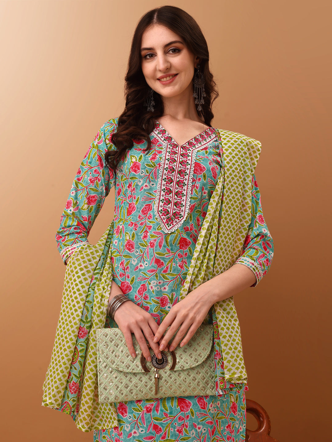 Embroidered & Floral Printed Kurta With Pant & Dupatta, Green - Hiral Fashion | Grocsy