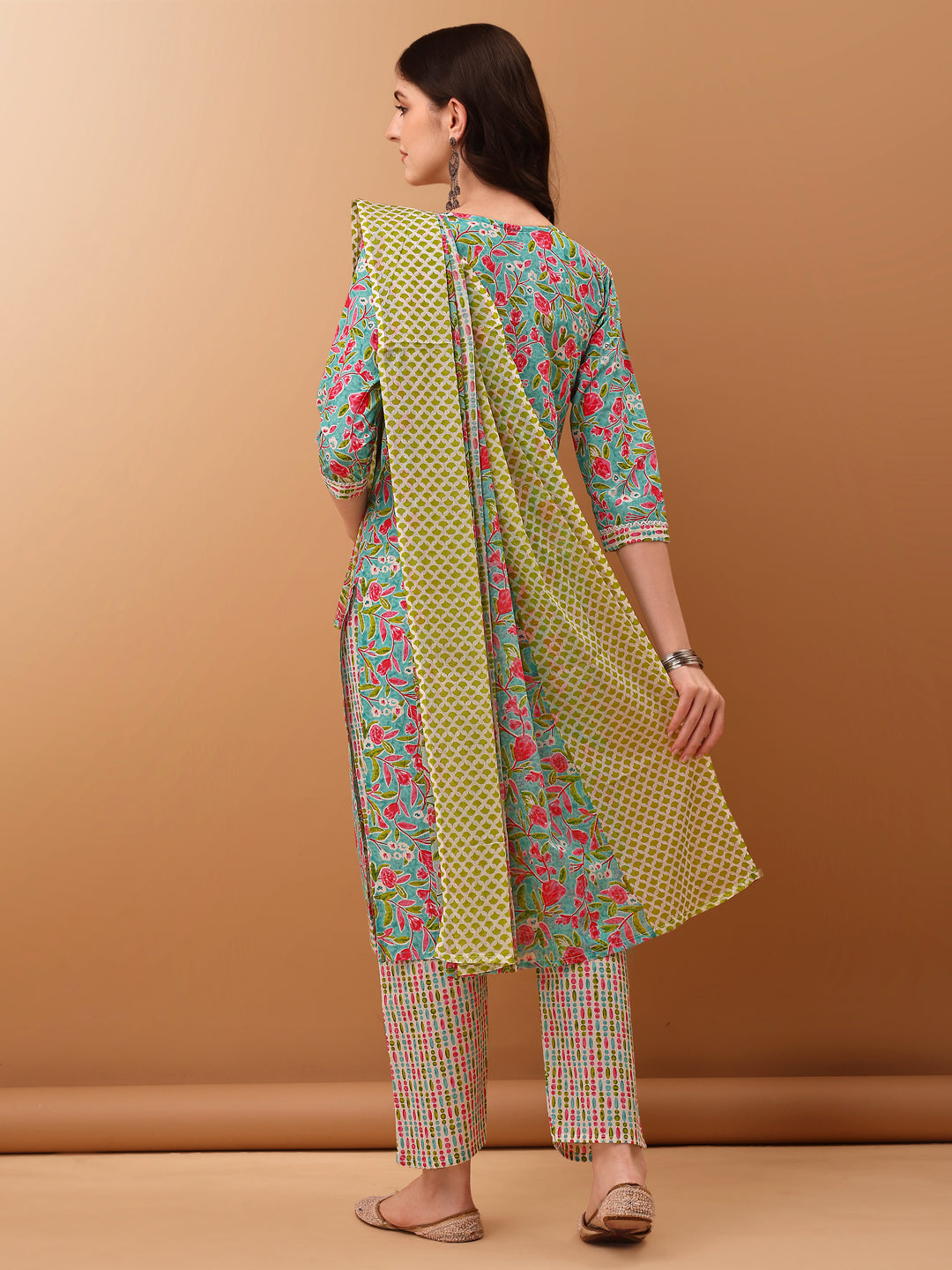 Embroidered & Floral Printed Kurta With Pant & Dupatta, Green - Hiral Fashion | Grocsy