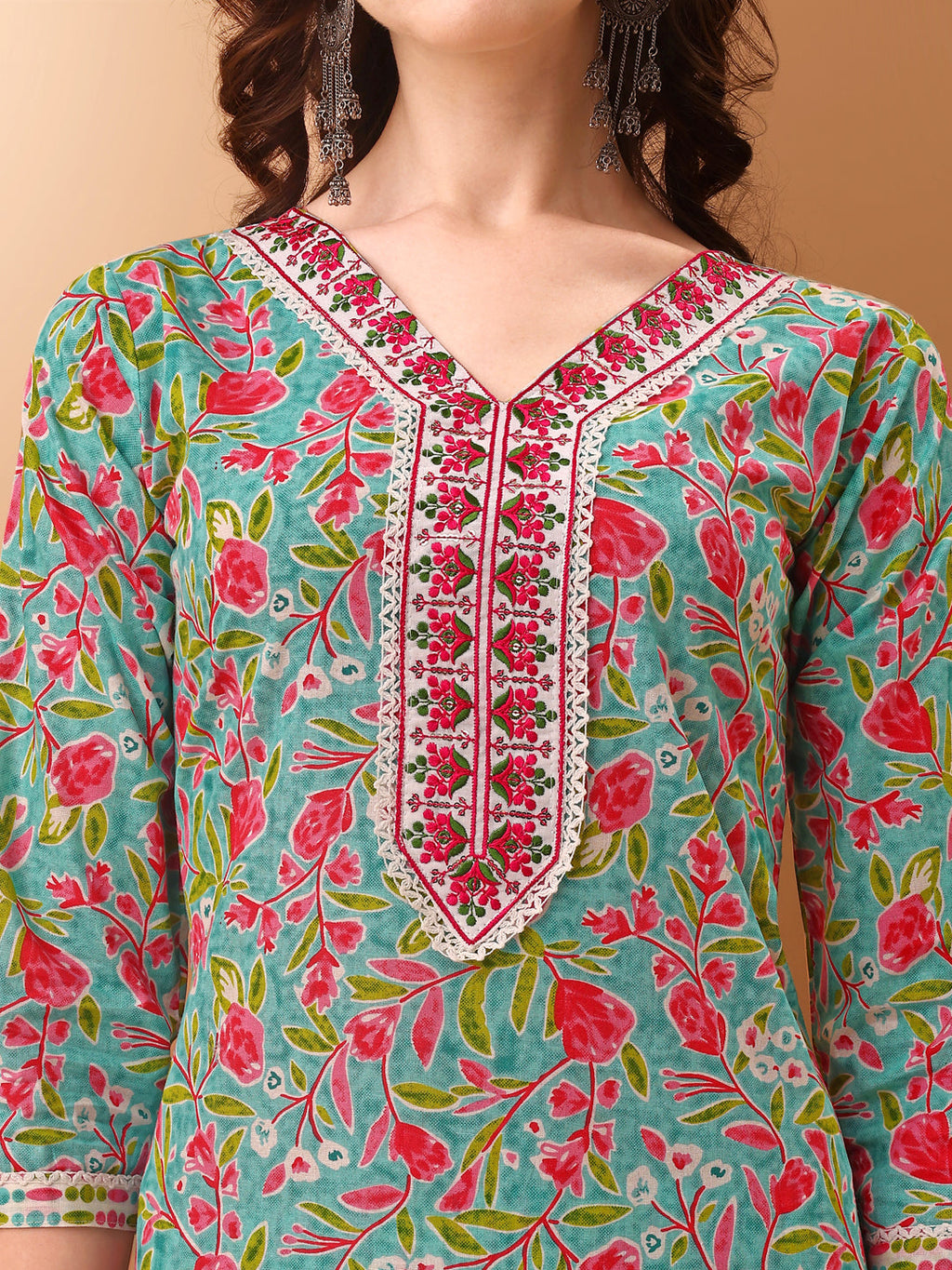 Embroidered & Floral Printed Kurta With Pant & Dupatta, Green - Hiral Fashion | Grocsy