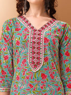 Embroidered & Floral Printed Kurta With Pant & Dupatta, Green - Hiral Fashion | Grocsy