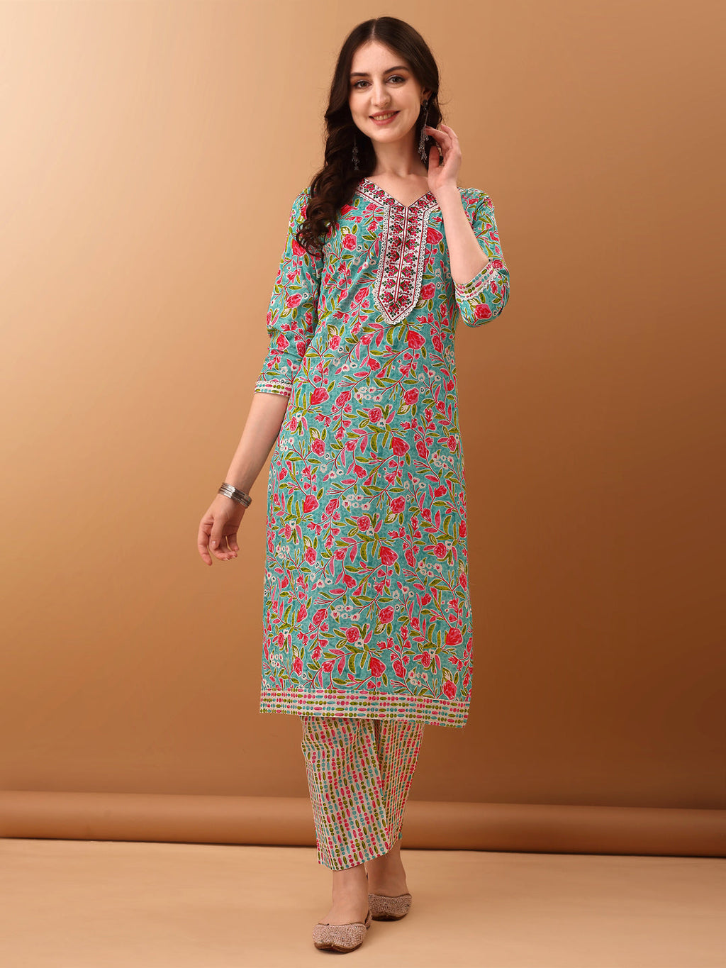 Embroidered & Floral Printed Kurta With Pant & Dupatta, Green - Hiral Fashion | Grocsy