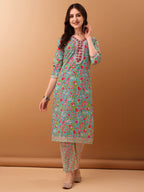 Embroidered & Floral Printed Kurta With Pant & Dupatta, Green - Hiral Fashion | Grocsy