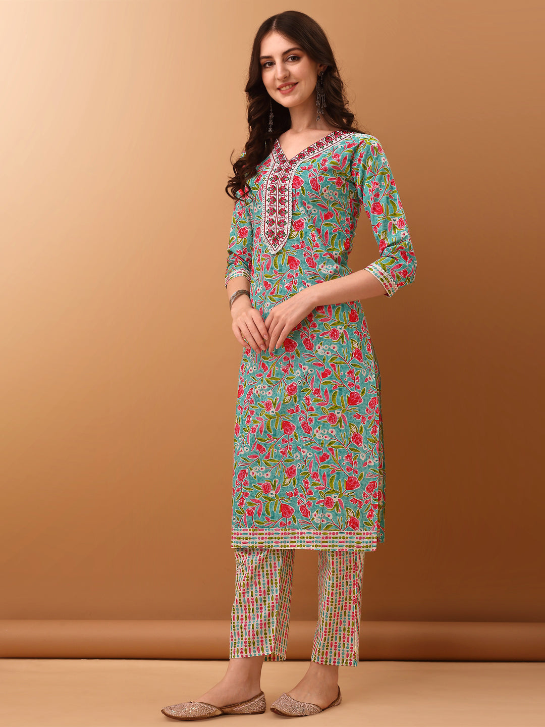 Embroidered & Floral Printed Kurta With Pant & Dupatta, Green - Hiral Fashion | Grocsy