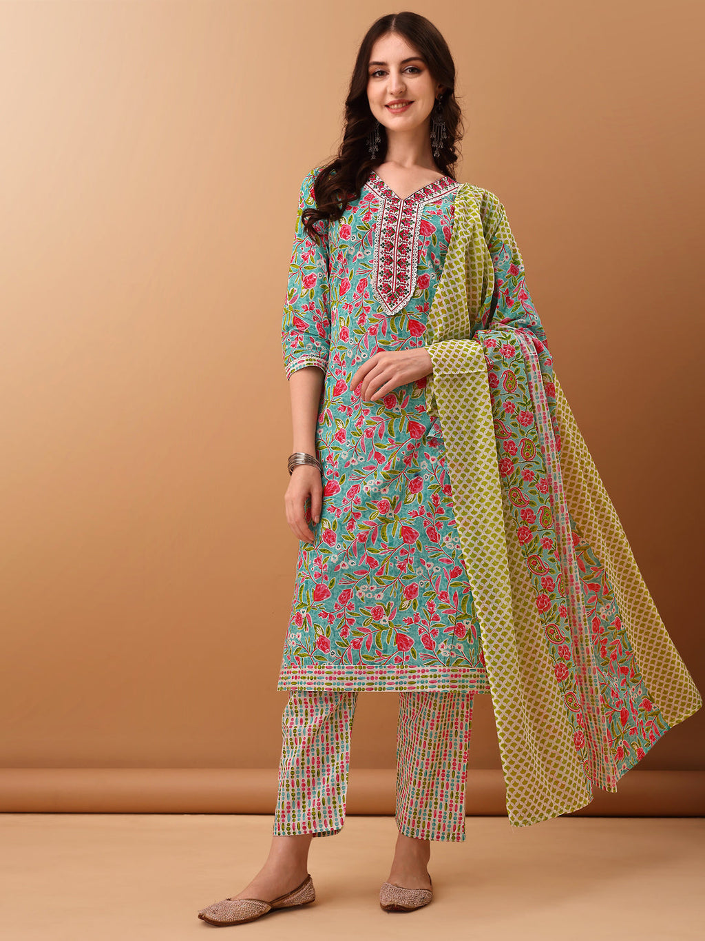 Embroidered & Floral Printed Kurta With Pant & Dupatta, Green - Hiral Fashion | Grocsy